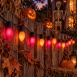 C7 Trick or Treat purple and orange lights strung along a Halloween fence
