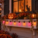 C9 Trick or Treat purple and orange lights glowing along a Halloween window box with jack-o-lanterns
