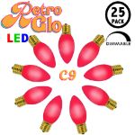 C9 RetroGlo vintage purple ceramic LED bulbs 25 pack, lit, arranged in a circle with RetroGlo logo