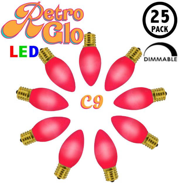 C9 RetroGlo vintage purple ceramic LED bulbs 25 pack, lit, arranged in a circle with RetroGlo logo
