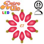 C7 RetroGlo vintage purple ceramic LED bulbs 25 pack, lit, arranged in a circle with RetroGlo logo