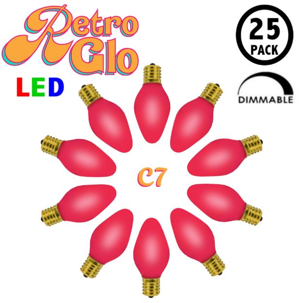 C7 RetroGlo vintage purple ceramic LED bulbs 25 pack, lit, arranged in a circle with RetroGlo logo