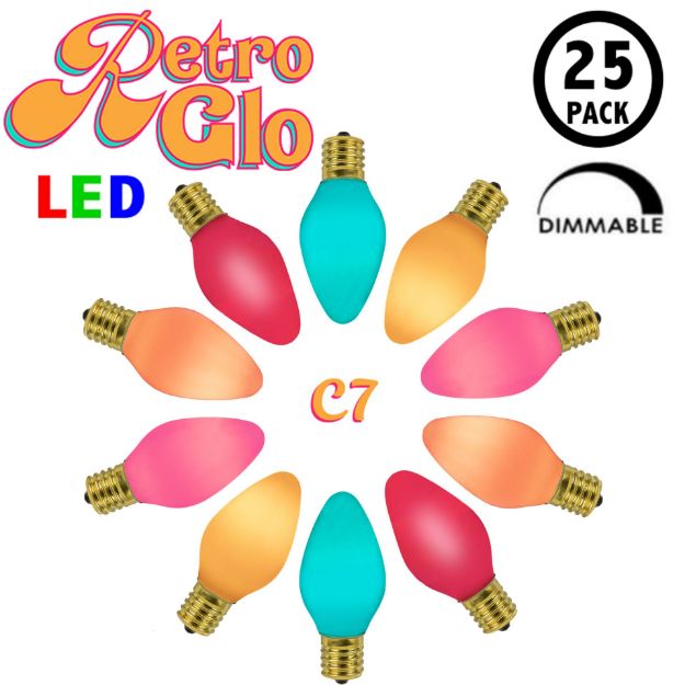 C7 RetroGlo groovy multi colored ceramic LED bulbs 25 pack, lit, arranged in a circle with RetroGlo logo
