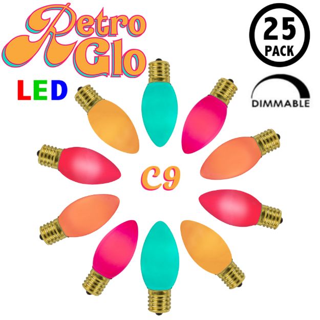 C9 RetroGlo groovy multi colored ceramic LED bulbs 25 pack, lit, arranged in a circle with RetroGlo logo