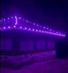 Roofline lit in purple with Minleon RGBW C9 lights