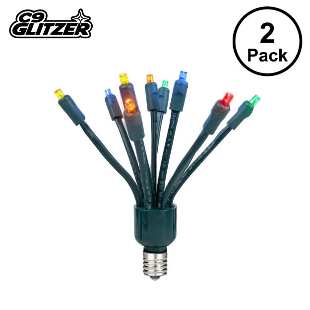 LED C9 Glitzer by Holidynamics Multi Color 5pk - Green Base - main image, lit up