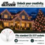 LED C9 Glitzer by Holidynamics Pure White & Red 5pk - on a home at night