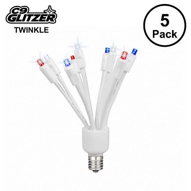LED C9 Glitzer by Holidynamics Twinkle R/W/B 5pk - main image, lit up
