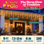 Clear white wire icicle lights on a porch roofline showing 9 ft length, 7.5-15 inch drops and 6 inch drop spacing