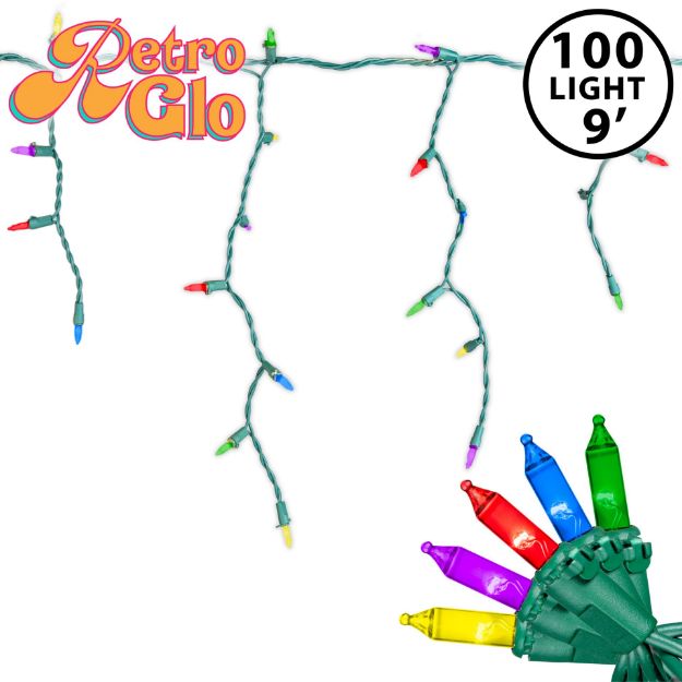 RetroGlo multicolor 100 light icicle lights on green wire with medium drops