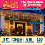 Multicolor green wire icicle lights on a porch roofline showing 9 ft length, 7.5-15 inch drops and 6 inch drop spacing