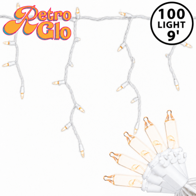 RetroGlo clear 100 light icicle lights on white wire with medium drops
