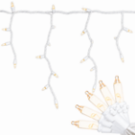 Clear mini icicle lights on white wire with medium drops and close-up of clear bulbs