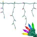 Multicolor mini icicle lights on green wire with medium drops and close-up of red, green, blue, yellow and purple bulbs