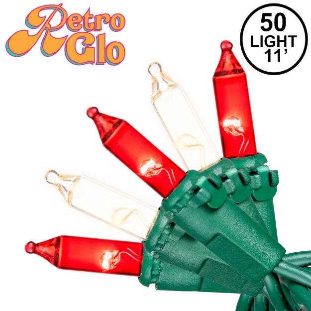 RetroGlo red and clear 50 light mini light set on green wire