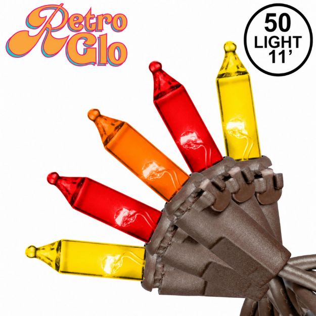 RetroGlo yellow, red and orange 50 light mini light set on brown wire