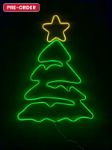 Green Christmas tree LED neon sign with yellow star and a pre-order badge