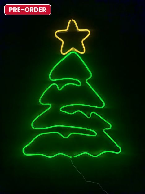 Green Christmas tree LED neon sign with yellow star and a pre-order badge