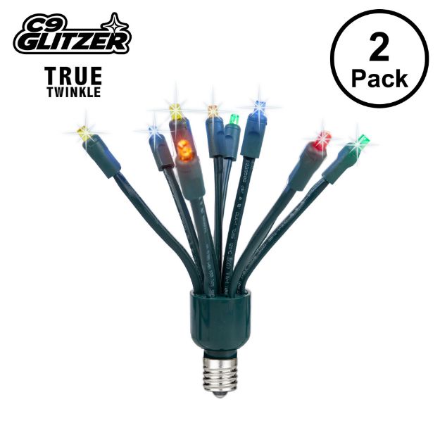 LED C9 Glitzer by Holidynamics True Twinkle® Multi Color 2pk - Green Base - main image, lit up