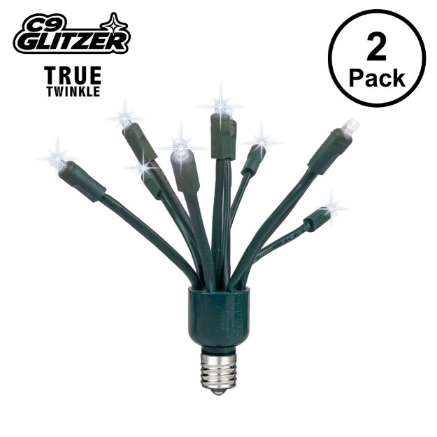 LED C9 Glitzer by Holidynamics True Twinkle® Pure White 2pk - Green Base - main image, lit up