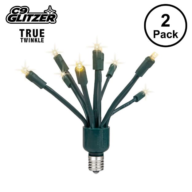 LED C9 Glitzer by Holidynamics True Twinkle® Warm White 2pk - Green Base - main image, lit up