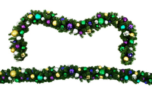 9' pre-lit Sequoia garland decorated with Mardi Gras themed ornaments